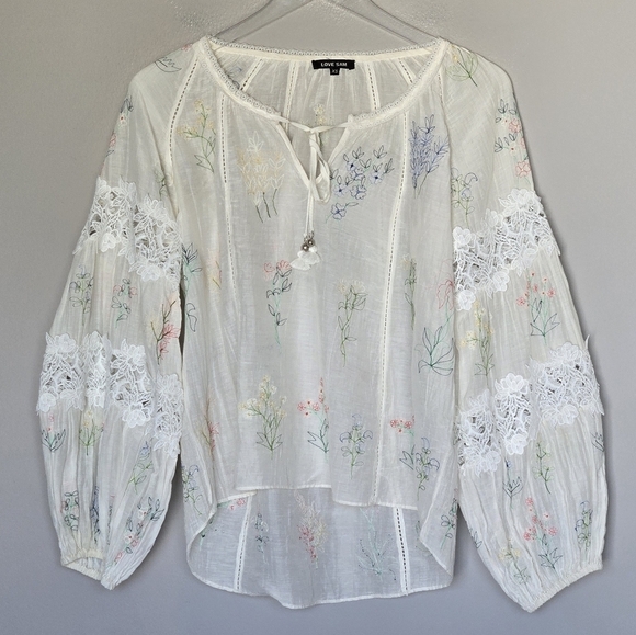Love Sam Balloon Sleeve Floral Embroidered Cream Boho Cotton Silk Top Size XS - Picture 11 of 12